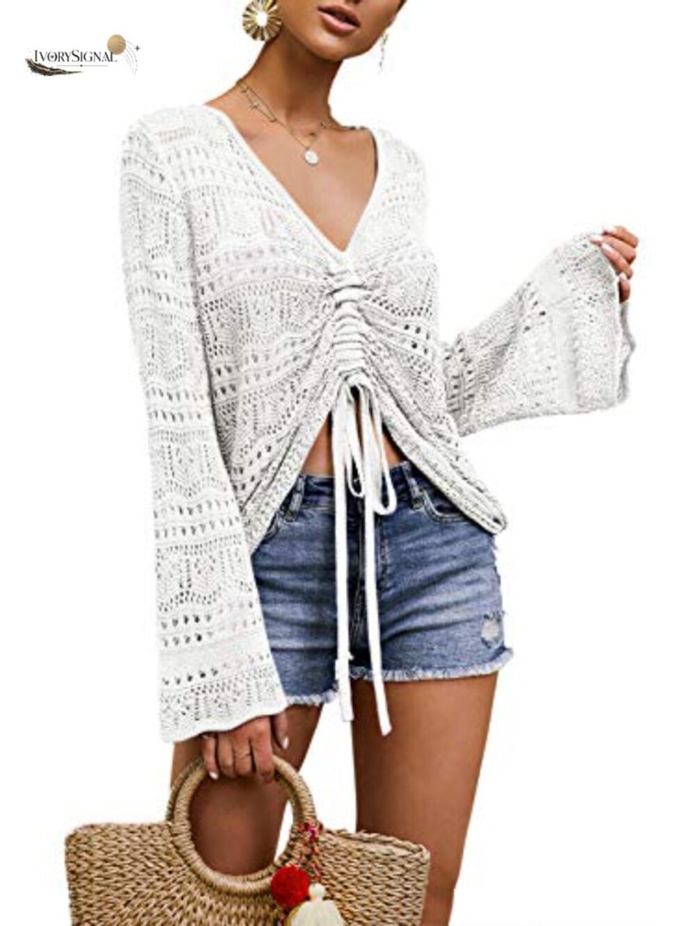 Women's Off Shoulder Crochet Sheer Crop Top Bell Sleeve Flowy Boho Sweater
